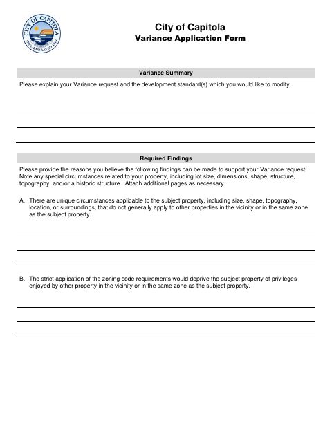 First page of the Variance Application