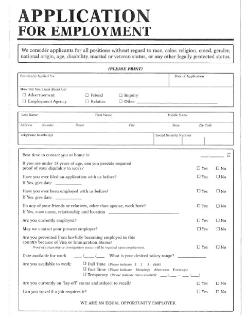 First page of the Application For Employment
