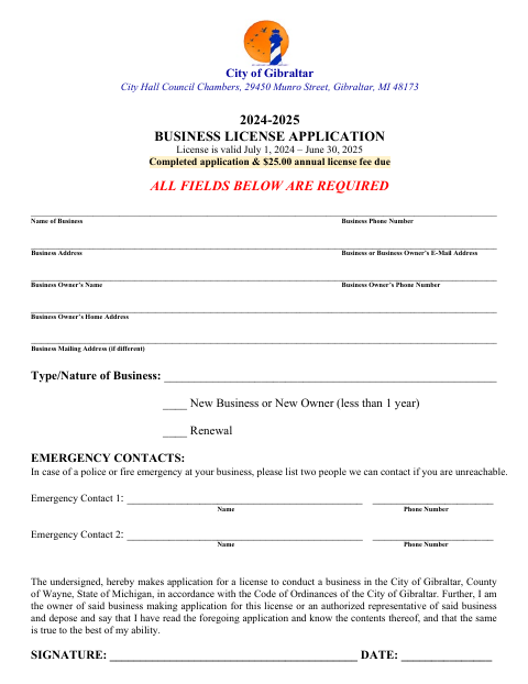 First page of the Business License Application