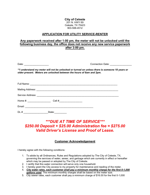 First page of the Application for Utility Service – Renter