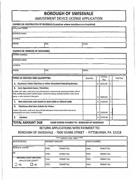 First page of the Amusement Device License Application