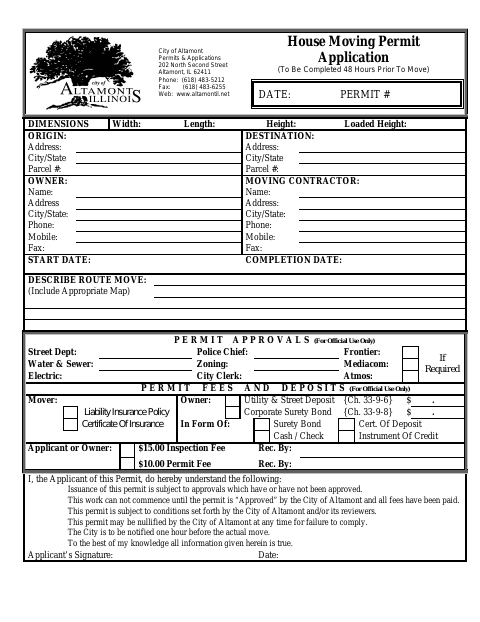 First page of the House Moving Permit Application