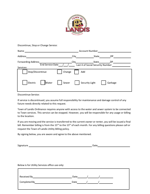First page of the Stop Service Form