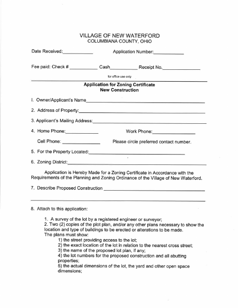 First page of the Application for Zoning Certificate New Construction