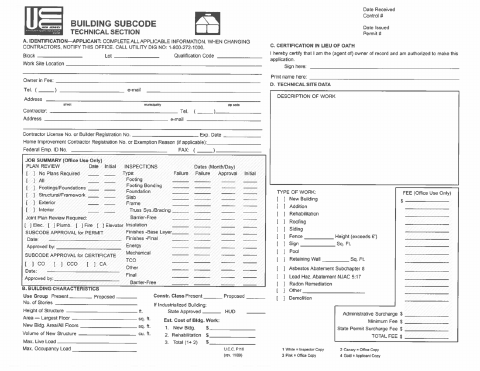 First page of the Building Subcode Application