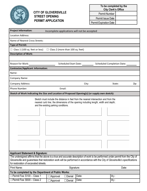 First page of the Street Opening Permit Application