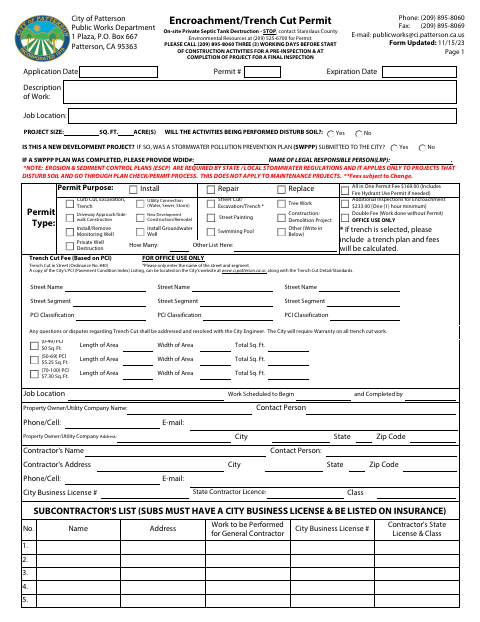 First page of the Encroachment/Trench Cut Permit