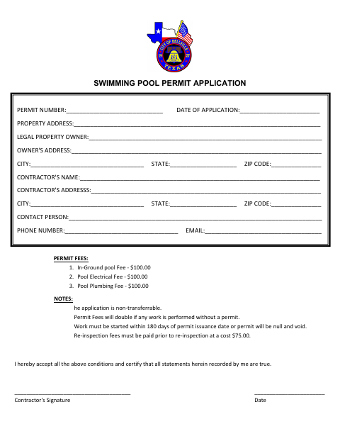 First page of the Swimming Pool Permit Application