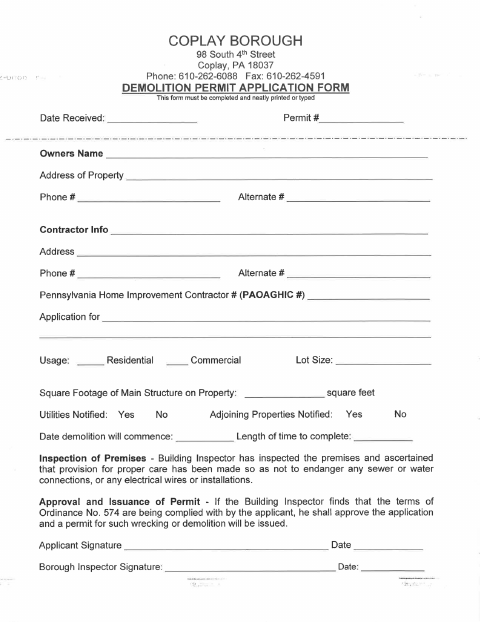 First page of the Demolition Permit Application