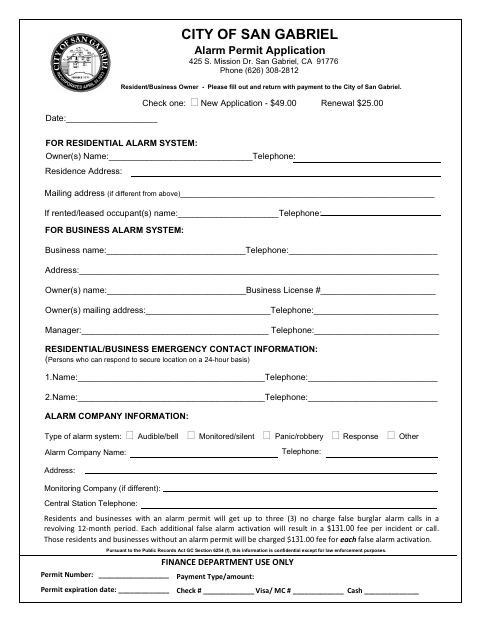 First page of the Alarm Permit Application