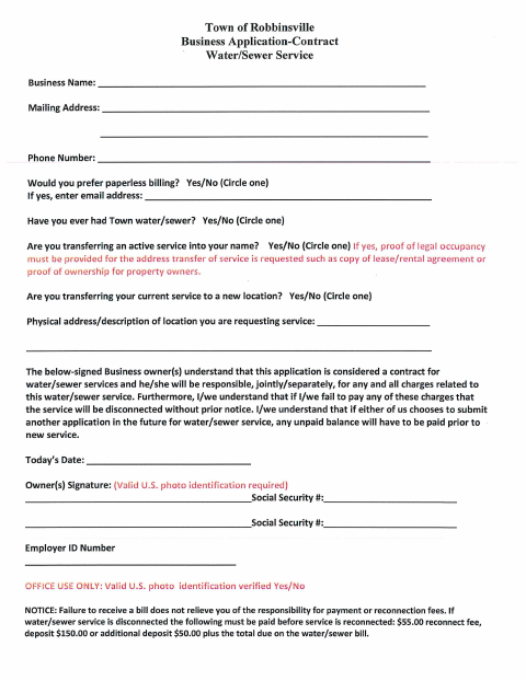 First page of the Business Water and Sewer Service Application