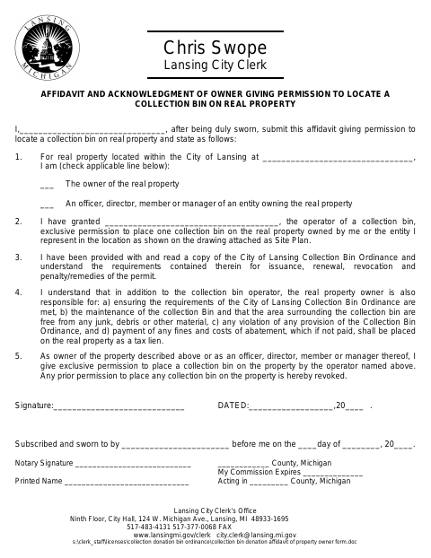 First page of the Collection Bin Owner Affidavit