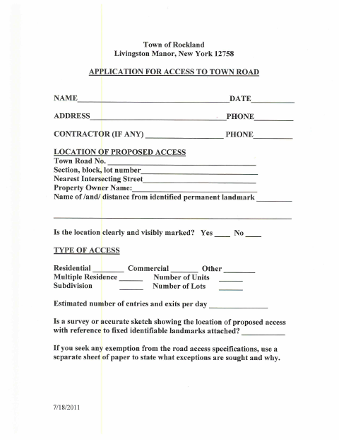 First page of the Application for Access to Town Road