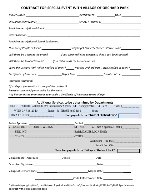 First page of the Contract for Special Event with Village of Orchard Park