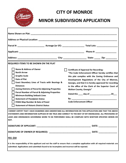 First page of the Minor Subdivision Application