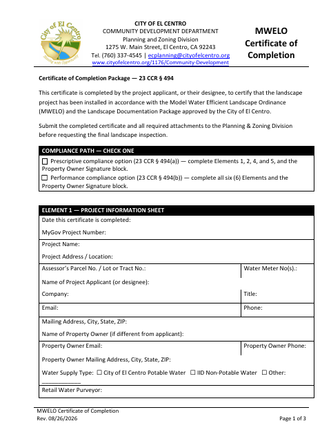 First page of the MWELO Certificate of Completion