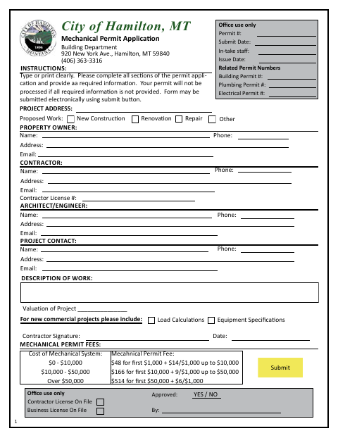 First page of the Mechanical Permit Application