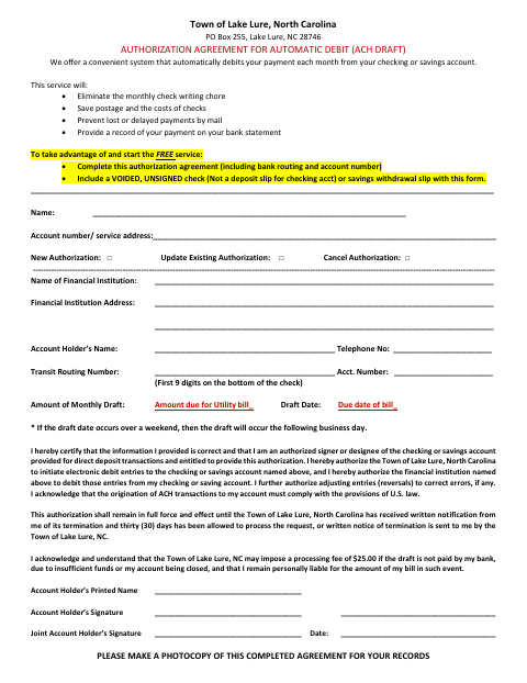 First page of the Authorization Agreement for Automatic Debit (ACH Draft)