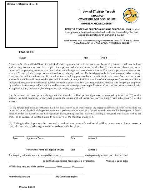 First page of the Affidavit of Owner Builder Disclosure