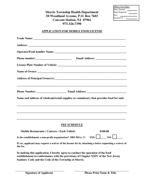 First page of the Application for Mobile Food License