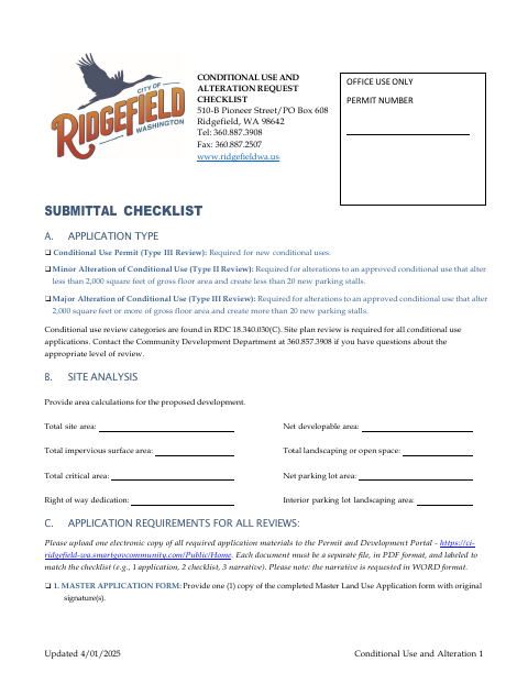 First page of the Conditional Use and Alteration Request Checklist