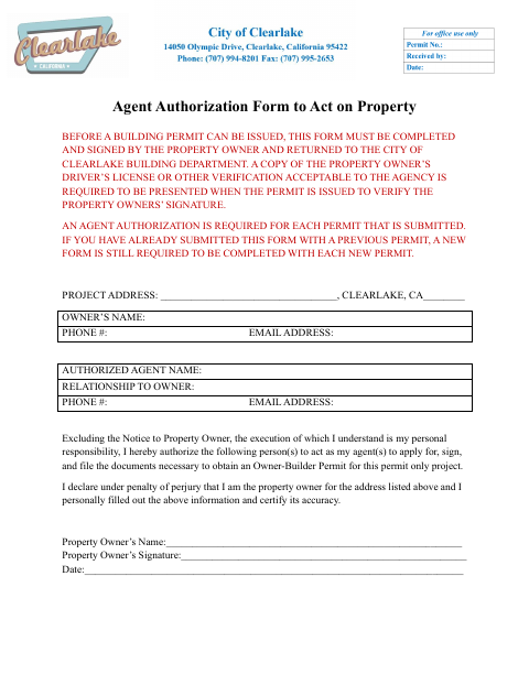 First page of the Agent Authorization Form to Act on Property