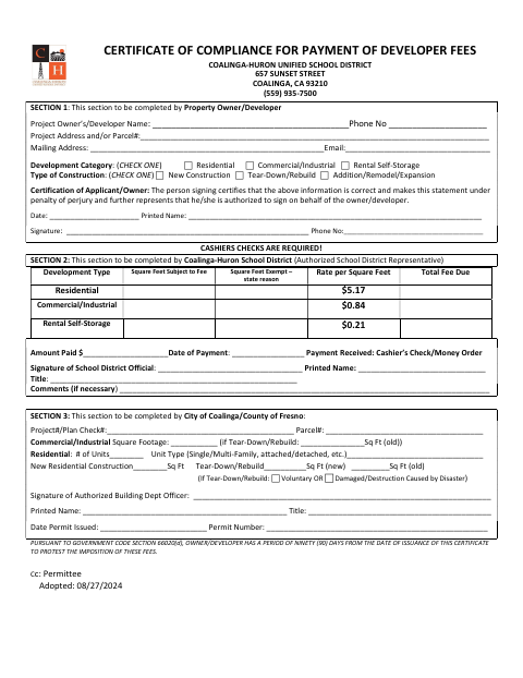 First page of the Certificate of Compliance for Payment of Developer Fees