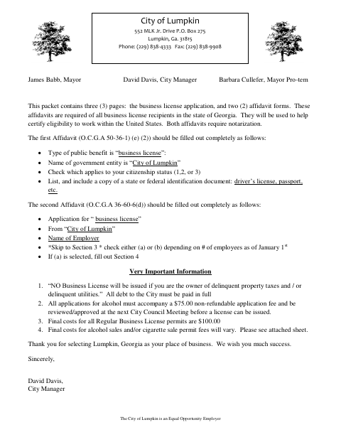 First page of the Business Alcohol License Application