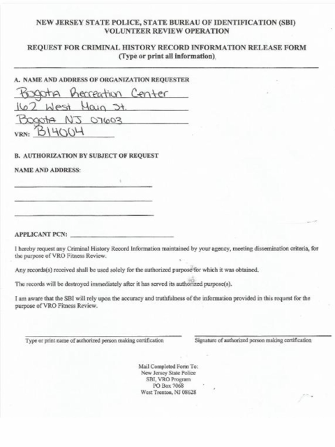 First page of the Volunteer Background Check Form