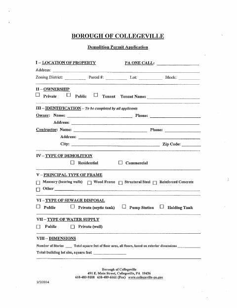 First page of the Demolition Permit Application