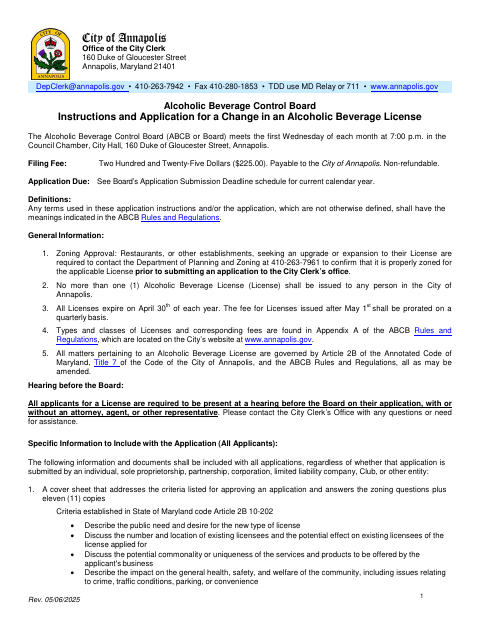First page of the Change in an Alcoholic Beverage License Application