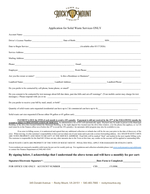 First page of the Application for Solid Waste Services Only
