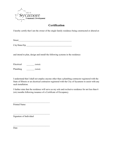 First page of the Homeowner Certification