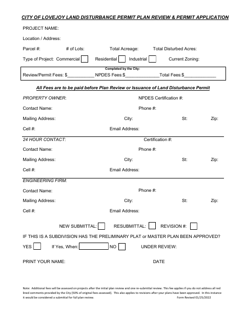 First page of the Land Disturbance Permit Plan Review & Permit Application