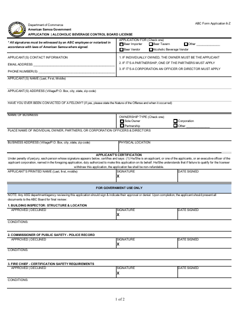 First page of the Alcoholic Beverage Control Board License Application