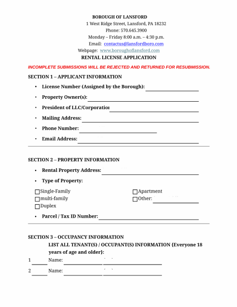 First page of the Rental License Application