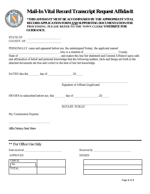 First page of the Mail-In Vital Record Transcript Request Affidavit