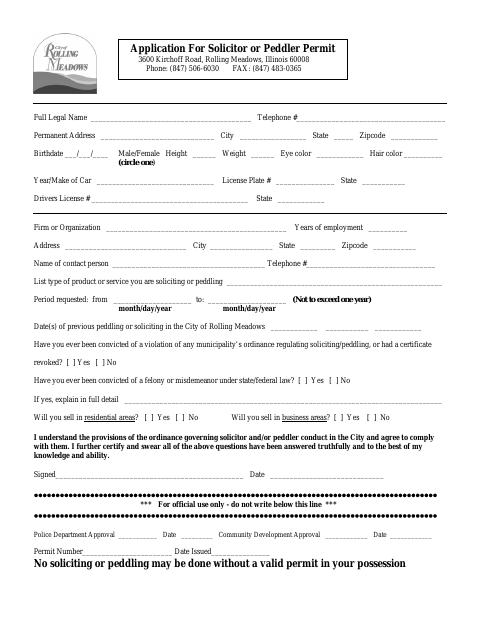 First page of the Application For Solicitor or Peddler Permit