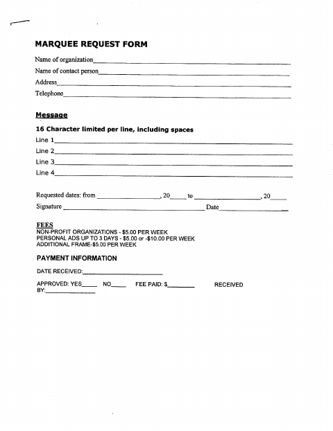 First page of the Marquee Request Form