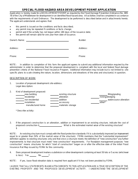 First page of the Special Flood Hazard Area Development Permit Application