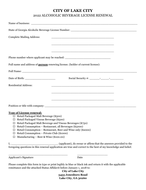 First page of the Alcohol License Renewal Application