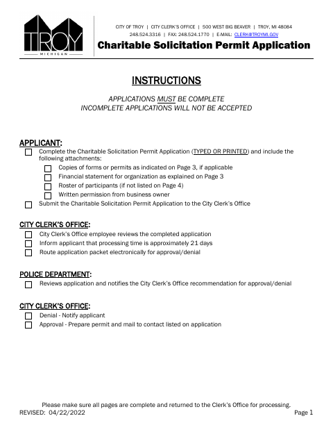 First page of the Charitable Solicitation Permit Application