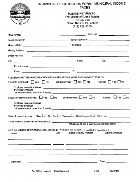 First page of the Individual Registration Form – Municipal Income Taxes