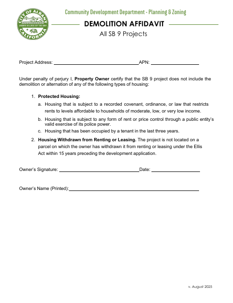 First page of the SB 9 Demolition Affidavit