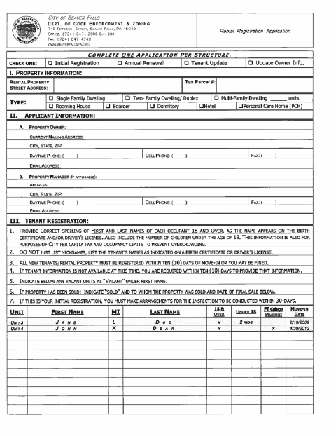 First page of the Rental Registration Application