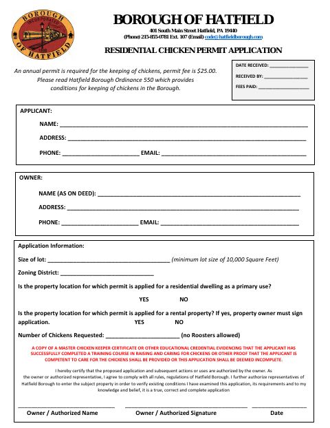 First page of the Residential Chicken Permit Application