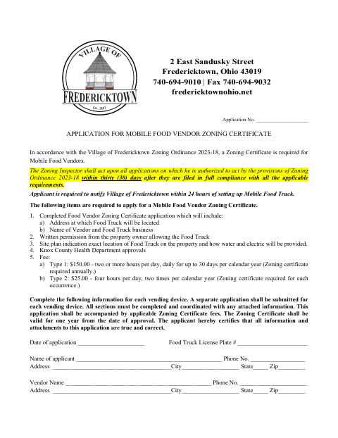 First page of the Application for Mobile Food Vendor Zoning Certificate