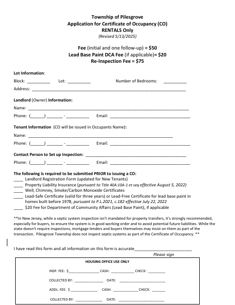 First page of the Application for Certificate of Occupancy (CO) Rentals Only