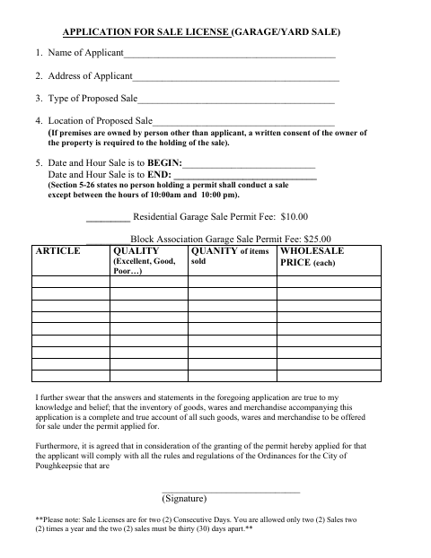 First page of the Application for Sale License (Garage/Yard Sale)