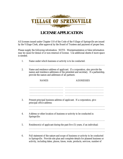 First page of the License Application